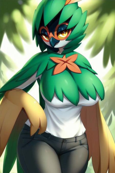 ((masterpiece,best quality)),best res,(large breasts:1.3),good anatomy,cute,(sexy:1.3),ultra cute face,hot,female,smiling,very detailed,4k,happy,happy,looking at viewer,,standing,,<lora:decidueye:0.8>,decidueye,,beak,pants,shirt,