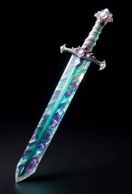 best quality, masterpiece, high resolution, intricate detailed,
beautiful photo of a Pearlum fantasy (sword:1.1) made of fluorite mineral, flu0rite, iridescent, translucent. 
rays of light, natural light, simple black background