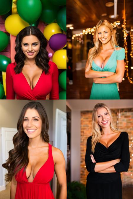 4 woman total, ball, balloon, black_hair, blonde_hair, blurry, blurry_background, breast_hold, realistic_breasts, cleavage, crossed_arms, depth_of_field, grin, lips, long_hair, looking_at_viewer, average_breasts_size, multiple_girls, parted_lips, realistic, smile, perfect teeth, female models with expensive dresses.