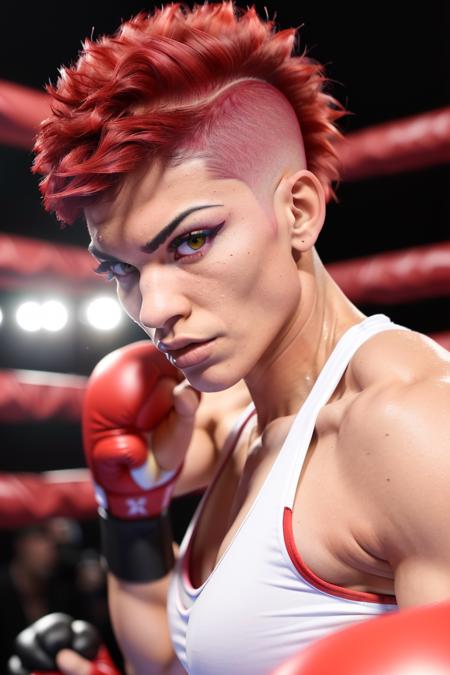 photo of an athletic persian woman with a red mohawk undercut, muscular, boxing ring, detailed eyes, blurry background, bokeh, outdoors, night, dslr, d850,  <lora:undercut_sd15_640x8:0.7>