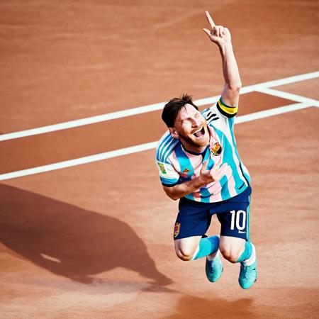 Looking up, Messi is stepping on the football on the court and celebrates his victory. yueminjun_V, closed eyes, close-up, white, laughed and said, face, very_short_hair