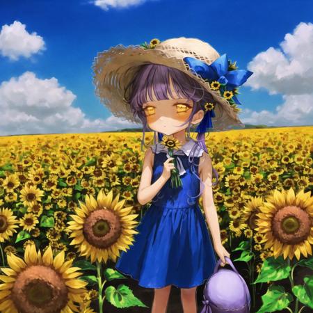 <lora:uminonaka:1>, 

1girl, bare arms, blue ribbon, bouquet, bow, collarbone, dress, flower, grey dress, hat, hat bow, holding, holding bouquet, long dress, long hair, looking at viewer, purple bow, purple hair, ribbon, sleeveless, sleeveless dress, solo, standing, straight hair, straw hat, sun hat, sundress, sunflower, very long hair, yellow eyes, yellow flower, yellow headwear