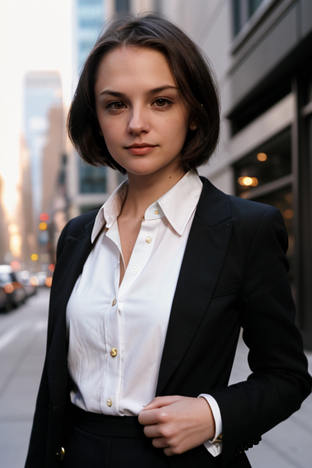 RachaelLeighCook, photography by (Rodney Smith:1.3), ((upper body focus, shoulders)), modelshoot, pose, (business suit, black jacket, white blouse, facing viewer, busy Manhattan sidewalk, looking at viewer, blurry background, bokeh, ID photo:1.3), serious look