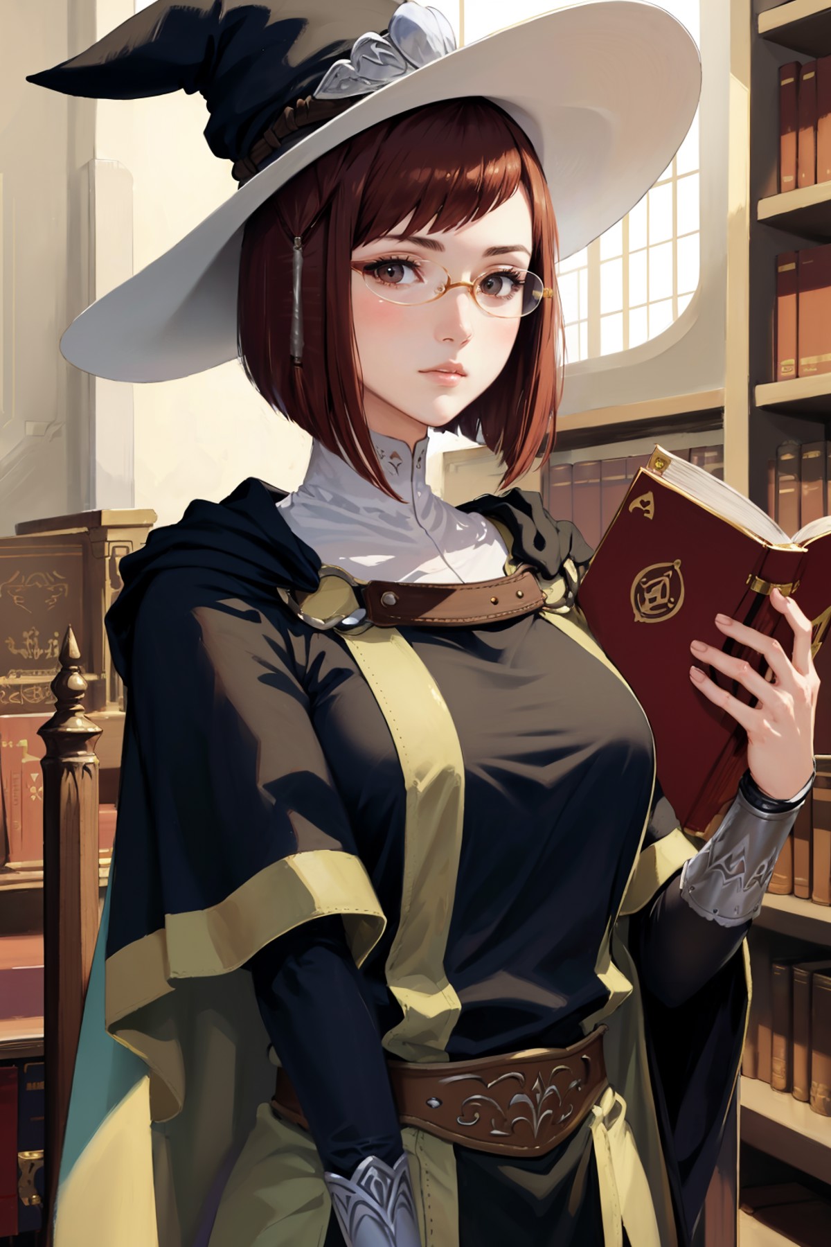 masterpiece, best quality, miriel, glasses, cape, black robe, large breasts, tabard, witch's hat, brown pants, upper body,...
