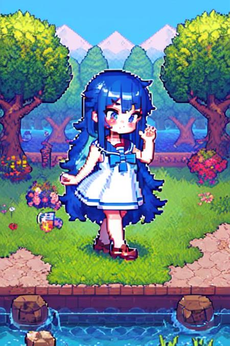 masterpiece, best quality,  pixel art , 
1girl ,blue dress, sailor collar, bowtie,
very long hair, blue hair, multicolored hair, blush, 
 grass, tree, scenery, water,