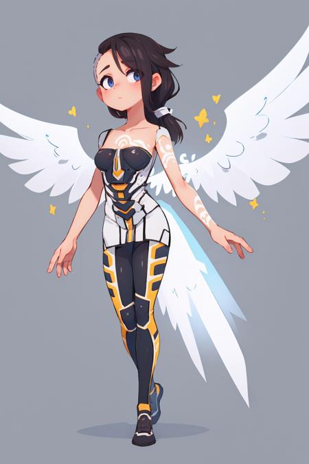 (masterpiece, best quality:1.2), 1girl, solo, <lora:angelbl:1>, angelbl, tattoo, medium breasts, wings, asymmetrical hair, bodysuit,