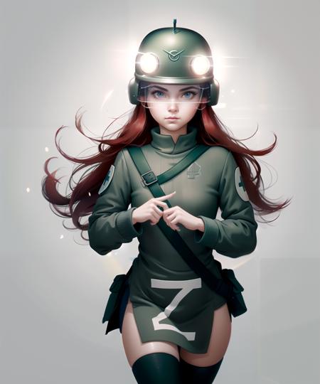 buhanka, 1girl, helmet, red hair, thighhighs, medium hair, cute, military <lora:buhanka-000030:1> <lora:style_landscape_moody_ white dew:1>, (masterpiece, best quality), intricate details, 8k, artstation, wallpaper, official art, splash art, sharp focus