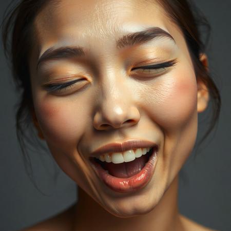Beautiful Asian woman with nostrils wide, face flushed, mouth slightly open, head tilted back a bit, eyes half closed, pleased, aroused, head shot