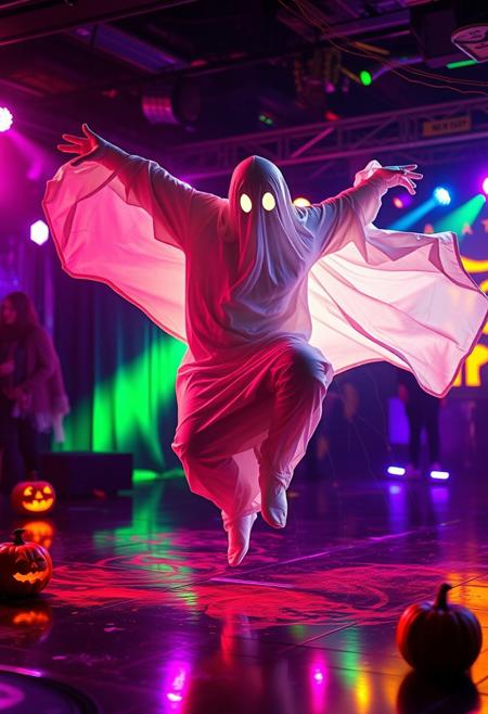 A hyper-realistic, intricately detailed bedsheet ghost is caught in mid-breakdance, its flowing white sheet fluttering with each dynamic movement. The ghost's eyes shine with a mischievous, otherworldly glow as it spins and flips across the Halloween dance floor. The surrounding space is ablaze with a kaleidoscope of Halloween-colored dance lights, their bright, flickering hues casting an eerie, electric ambiance over the entire scene. The ghost's sheet is rendered in intricate detail, with folds and creases creating a dynamic, kinetic effect. The dance floor itself is a whirlwind of color and energy, with jack-o-lanterns and cobwebs adding to the spooky, festive atmosphere. highest-Quality, intricate details, visually stunning, Masterpiece