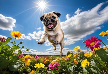 Highly detailed photograph of a pug puppy leaping through the air above a field of colorful flowers. Floppy ears, big eyes, very cute, very happy, joyful. Blue sky with fluffy clouds. Bright sun, god rays.