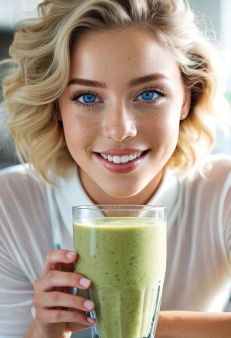 (middle shot:3.0), ((full-figure visible:2.0)), entire body in frame, kitchen overview, ((spacious composition:1.5)), head to toe in shot, full body, On top of kitchen countertop, (SITTING:2.0), Sitting on kitchen counter top, kitchen countertop, marble kitchen top, drinking smoothie, PURPLE smoothie, black berry smoothie, blue berry smoothie, healthy smoothie, smoothie in glass, perfect fruits, perfect glass, perfect fingers, Drinking smoothie, lips touching glass, glass in front of mouth, (open mouth:1.2), DRINKING, (SMOOTHIE:2.0), gym clothing, sports clothes, white top, white sporttop, athletic clothing, happy, smiling, laughing, beautiful girl, short light blonde wavy hair, above shoulder length blond curly hair, bob cut, blue eyes, blue eyes:1.1, perfect eyes, extremely detailed eyes, extremely detailed face, textured skin, photorealistic, hyperdetailed:1.2, insane details, natural look, cute face, stunningly beautiful, pale skin, freckles, blush, detailed skin, extremely detailed, 1girl, perfect eyes, perfect nails, happy, open mouth, perfect teeth, marble kitchen block, modern kitchen, 4K, RAW, best quality, masterpiece, ultra-detailed, hyperrealism:1.2, RAW photo, best quality, realistic, photo-realistic:1.3, best quality, masterpiece, extremely delicate and beautiful, extremely detailed natural lighting, bokeh:1.2, Porta 160 color, shot on ARRI ALEXA 65, Fujifilm XT-3, WARMER LIGHTING, sunny kitchen, warm sunlight, sun rays, inviting atmosphere