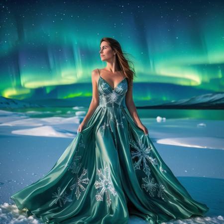 a beautiful woman wearing a silk gown with snowflake patterns, aurora borealis in the sky, beautiful arctic background