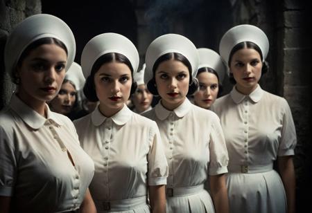 closeup front view, Split Diopter style, busty nuns standing in a row, front view, lustful blushed pureerosface_v1 vintage nuns looking to viewer, Capture the anticipation: A vintage scene unfolds as a group of nuns, clad in white habits and bonnets, cautiously open the doors of an ancient castle. Their faces alight with curiosity and expectation, embodying a moment steeped in mystery and intrigue.
deep blacks, high contrast, atmospheric haze, Film grain, cinematic film still, shallow depth of field, highly detailed, moody, epic, OverallDetail, 2000s vintage RAW photo, photorealistic, candid camera, color graded cinematic, atmospheric lighting, imperfections, natural, shallow dof