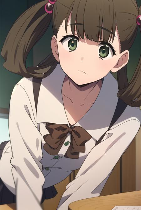 hikarikuroda, <lora:hikarikuroda-lora-nochekaiser:1>,
hikari kuroda, bangs, (brown hair:1.5), hair ornament, twintails, (green eyes:1.5), hair bobbles, hair rings,
BREAK school uniform, long sleeves, bow, red bow,
BREAK looking at viewer,
BREAK indoors, classroom,
BREAK <lyco:GoodHands-beta2:1>, (masterpiece:1.2), best quality, high resolution, unity 8k wallpaper, (illustration:0.8), (beautiful detailed eyes:1.6), extremely detailed face, perfect lighting, extremely detailed CG, (perfect hands, perfect anatomy),