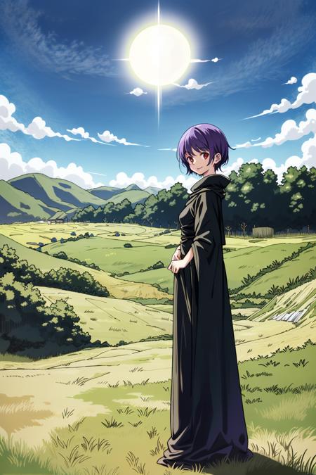 1girl,standing,full body,black cloak,black robes,smiling,facing viewer,short hair,purple hair,red eyes,outdoors,in medieval farm