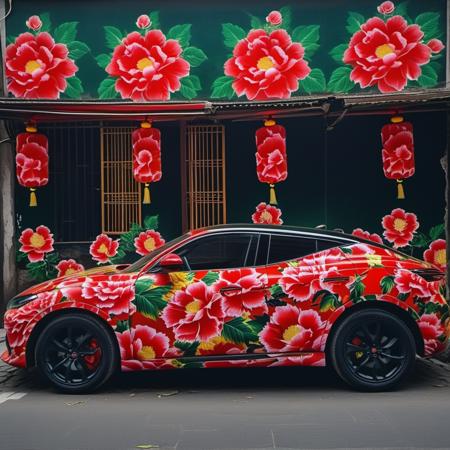 dongbeidahua,flower,no humans,leaf,umbrella,red flower,ground vehicle,motor vehicle,car,vehicle focus,sports carï¼<lora:dongbeidahua:0.6>,