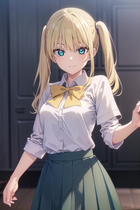 rikahoshizaki, <lora:rika hoshizaki s2-lora-nochekaiser:1>,
rika hoshizaki, (green eyes:1.3), blonde hair, twintails, smile,
BREAK skirt, shirt, bow, school uniform, white shirt, short sleeves, pleated skirt, bowtie, blue skirt,
BREAK indoors, classroom,
BREAK looking at viewer, (cowboy shot:1.5),
BREAK <lyco:GoodHands-beta2:1>, (masterpiece:1.2), best quality, high resolution, unity 8k wallpaper, (illustration:0.8), (beautiful detailed eyes:1.6), extremely detailed face, perfect lighting, extremely detailed CG, (perfect hands, perfect anatomy),