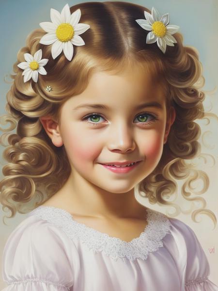 Modernism Art Nouveaux, cheerful, happy, girl 4 years old , style with magic glow, symmetrical, very detailed eyes, beautiful lips, without headgear, beautiful hairstyle , light background with beautiful white flowers , clearly drawn lines, Ultra realistic photorealistic , Emile Munier stil, Alberto Vargas stil, no text