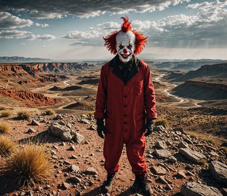 wide shot, mad scientist, evil clown,eyes red, landscape photography, vast vistas, natural beauty, dynamic compositions, captivating scenery, immersive, serene