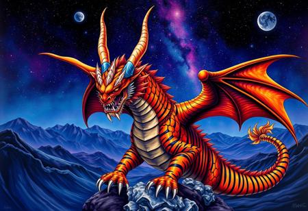 A tiger-striped dragon with sharp scales.  Two hons.  Dragon Wings.
Background mountains at night. Cosmic skyscape.  Synthwave colorscheme. Very realistic, in the style of an oil painting.