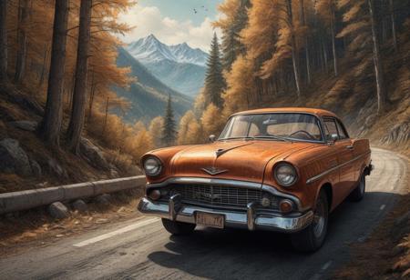 amazing oldtimer CAR " driver inside the car,magazine photography", high mountain forest road, ultra hd, realistic, vivid colors, highly detailed, UHD drawing, pen and ink, perfect composition, beautiful detailed intricate insanely detailed octane render trending on artstation, 8k artistic photography, photorealistic concept art, soft natural volumetric cinematic perfect light
