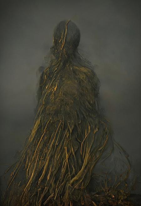 And there amidst the fog, A solemn man rises, Its pinnacle touching the grey sky, webs around his nervous system, Silent spruces guarding the shores, There wait's a grinning prize, Worthy of legend there wait's a golden wolf, A beast with six legs, There wait's a grinning prize, And yet I search on and yet I wait, To find your shadow amidst the darkest night, dark, tarnished, gold,