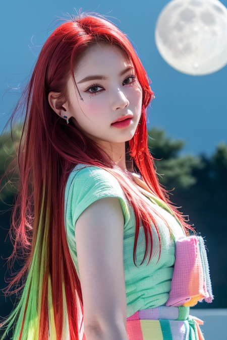 1girl, solo, red hair, , (pastel:1.5), hanbok, jewelry, earrings, (moon, full moon, night:1.5), hyper realistic, lifelike texture, RAW, (best quality, masterpiece:1.2), (intricate details:1.3), (photo-realistic:1.3), natural soft light, ultra detailed, realistic skin texture, extremely detailed,