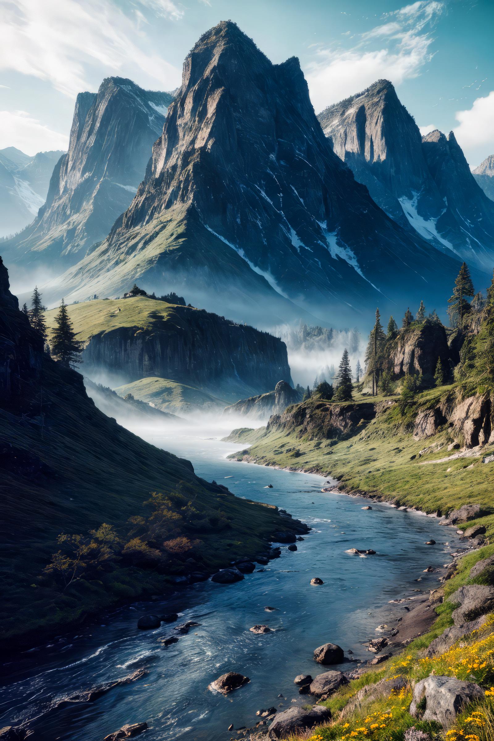 A serene mountain stream surrounded by lush greenery and a majestic mountain range in the background.