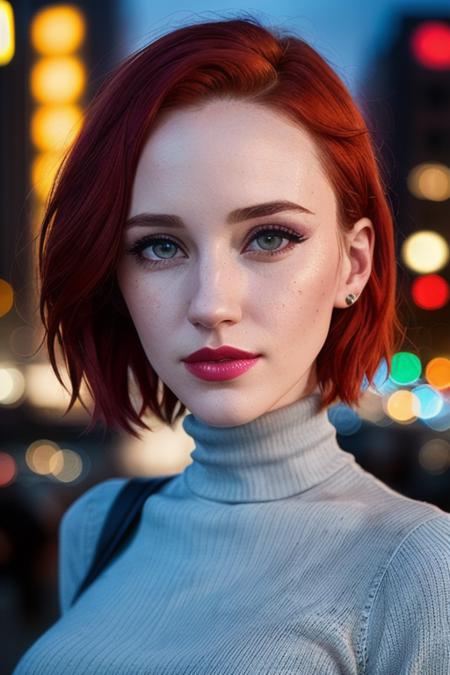 photo of rachelbro:0.99, a woman with ((short hair)),((pale skin, red hair)), ((cowboy shot, waist, hips, thighs):1.2), ((turtleneck sweater dress):1.2),((walking,outdoors, city street, at night):1.2),((detailed face, beautiful face, detailed eyes, beautiful eyes):1.3), ((lipstick, eyeliner, eye shadow):1.2),((best quality, masterpiece, extreme details):1.2) ((detailed eyes, detailed face):1.2)