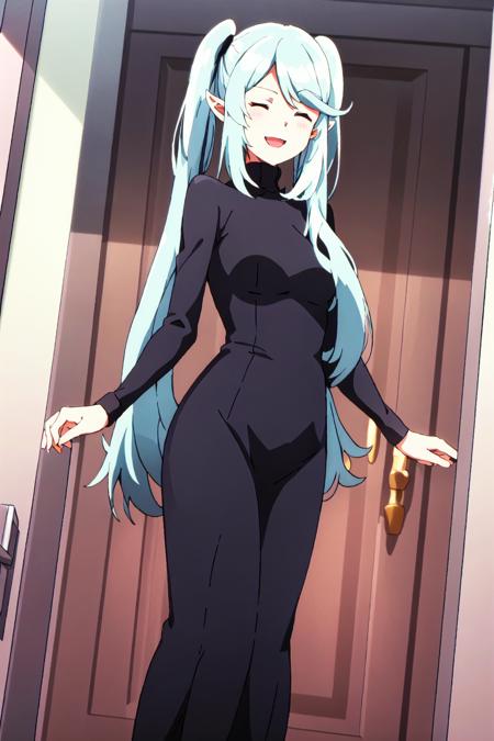 epsilon, 1girl,  closed eyes,  solo,  long hair,  pointy ears,  twintails,  dress,  open mouth,  door,  long dress,  indoors,  black dress,  smile,  long sleeves,  breasts,  very long hair,  standing,  bangs,  blue hair,  turtleneck,  facing viewer,  sidelocks
high quality, best quality, ultra detailed, masterpiece, <lora:EMS-57156-EMS:0.700000>