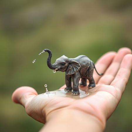 World tinyest real living elephant on palm of hand, throwing water with trunk, shallow depth of field. Realistic. Blurry nature background.