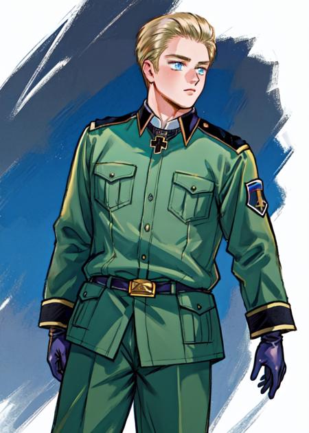 Ludwig blue eyes military uniform, green jacket, broach, belt, black gloves, green pants