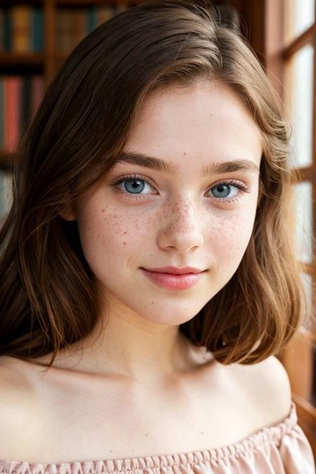(18 years old:1.1), young and gorgeous,RAW Photograph, dslr, soft lighting, high quality, film grain, Fujifilm XT3, insane details, masterpiece, 8k, 35mm photograph, dslr, kodachrome, vignette, vintage, Kodachrome, Lomography, stained, highly detailed,  freckles, innocent, pale,  detailed skins,(wearing a Pleat Detail Off The Shoulder Structured Satin Top and demin shorts ):1.1 ,  pouting, blue eyes,  pink rouge, red  hair between eyes,(library):1.1, warm light, from below,perfect facial ratios, perfect facial features, full cheeks, blush on cheeks, all attention given to the face, emphasizes on the cute chubby cheeks, Soft and smooth skin texture, shiny skin, flawless complexion, shiny eyes, eyelashes, natural eyebrows, rosy lips, cute small nose, cute face shape, warm and inviting smile, natural lighting, gentle shadows, detailed hair strands, silky hair, hair on the sides framing the face, glossy highlights on the hair, rich and vibrant colors, vibrant and warm background, complementary colors to enhance the girl's features, captivating expression, engaging eyes, intricate details on eyelids and lashes, flawless complexion,realistic detailed skin, Life-like textures, minute details, every aspect of the face made clear and visible, picture fills the canvas, (shiny skin), , pale skin, crystal hair full body, high heels, solo, beautiful eyes, perfect eyes , (closed mouth:1.3), extravagant, ornate, designer, opulent, picturesque, lavish,
