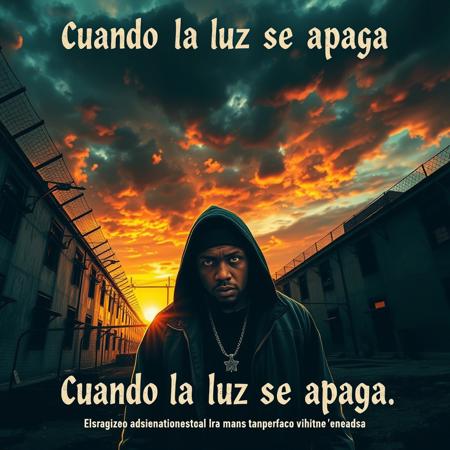 rock album cover for a melancholic rock about prison life, prison yard, dramatic sunset, view from below, rapper looking determined, album title "Cuando la luz se apaga" Las paredes tiemblan con ecos sin voz,  
los monstruos avanzan con  gesto feroz.  
Sabe que nunca vendrá el amanecer,  
mientras la penumbra le empiece a morder.