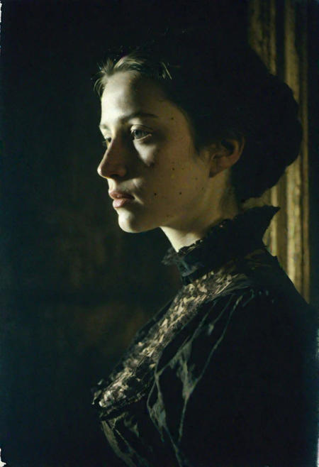 1700 french noble woman, face in shadow, low light, half body shot from side, 1700 french dress, dark mood, kodak portra 160 analog film, medium format camera,artsy, shadows, wide angle, contact test, damaged print, faded, grainy,blurry, pixelated, motion blur, vignette, high contrast