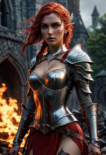 High resolution ultra-realistic of Beautiful Warrior Elf girl, 8k, capturing the intensity of the moment, cinematic lighting, standing on a bloody and stormy battlefield in bloody battle, wavy red hair, realistic dirty pale face, realistic dark brown eyes,  beautiful hourglass figure, burning in a medieval Town, intricately designed iron and silver armor, red mini skirt, LOTR Aesthetic, perfect athletic figure, beautiful Warrior elf girl, fire, ultra realistic, cinematic style, vigorous and seductive, athletic figure, dark fantasy, dramatic lighting, wet and sweaty skin, dirty skin, athletic figure, dark fantasy, dramatic lighting, Greg Rutkowski style,, Warrior Elf girl on in iron armor, hyper-detailed, hyper-realistic, bright colours, Attractive 21 old years girl, Attractive, beautiful firm Breasts, sharp focus, digital painting, Photograph Taken on Nikon D750, Alphonse Mucha, 8K, athletic figure, Hyperdetailed, hyperrealism, Attractive, Attractive bust girl, asymmetric balance