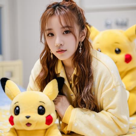 yuqi, 22yo girl, all fours, lovely hair, pikachu pajamas, minimalist jewelry, cinematic atmosphere, soft lighting, film grain, high detailed, intricate, sharp focus, ray tracing, rtx, ultra detailed, high quality, top quality, best quality, 4k, 8k, raw, <lora:yuqi_v10:0.6>, <lora:add-detail-xl:4>