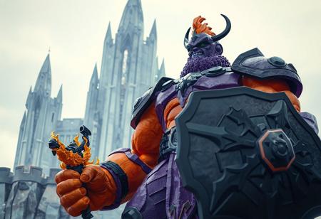 The image features a Power Giant standing proudly against a stark Crystal Fortress, exuding a vibrant mix of purple and orange with black accents. The giant's confident stance, with a firm grip on a Dragon's Gunfire and a Ultimate Shield on the other hand, suggests readiness for action. The lifelike details, sharp lines, and stunning colors, all handcrafted with precision, bring out the Power Giant's intricate features and vivid emotions. The dynamic action pose, captivating lighting, and well-timed moment add to the cinematic and harmonious composition of the 4K image.