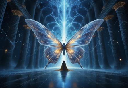 A vast temple suspended in a void where time flows in every direction. The pillars are formed from frozen lightning, crackling softly with golden energy, while the floor is woven from strands of pure stardust. Gigantic quantum butterflies, their wings made of fragmented galaxies, flutter in slow motion, leaving behind trails of shimmering constellations. Petals of crystallized time drift lazily through the air, each one showing a brief vision of an alternate reality before vanishing. The walls pulse like liquid obsidian, revealing glimpses of futures that may never come to pass.
