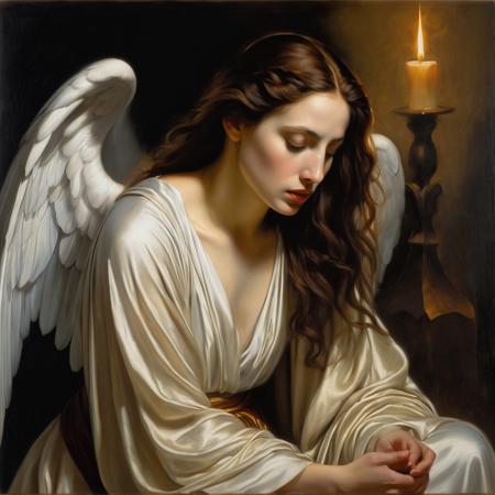Intimate oil painting,inspired by Caravaggio and El Greco BREAK (Penitent Mary Magdalene:1.3),Kneeling in remorse,Tear-streaked face,(Humble attire:1.2),(Contrite posture:1.2),(Soft glow:1.2) BREAK (Gentle angels:1.3),Gracefully hovering,(Ethereal presence:1.2),(Subtle radiance:1.2),(Seraphic companions:1.3) BREAK Muted surroundings,Sacred atmosphere,(Spiritual introspection:1.2),Executed with masterful strokes,Rich chiaroscuro,Evocative emotion.,