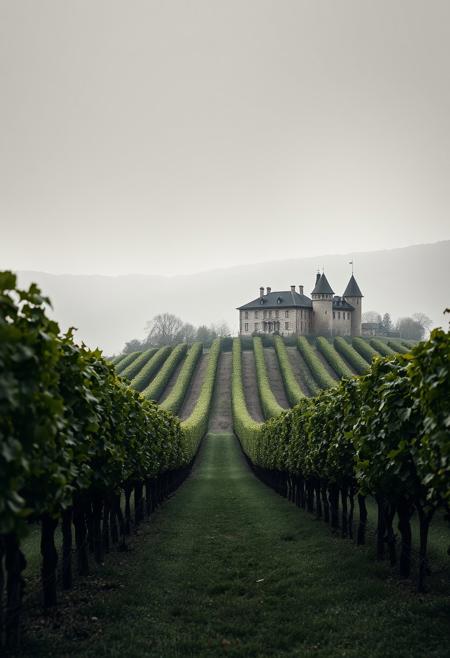 A sprawling vineyard, with a rustic chateau overlooking the grape-laden vines. highly detailed and hyper realistic photo, by Alena Aenami , by Archibald Thorburn , by Daniele Afferni , in the style of monochromatic silhouette reflection, limited dark palette, unusual dark colors, faded colors, atmospheric haze, highly dramatic cinematic lighting, motion blur, film grain, professional, excellent composition, finest details, maximized details, ultimate detail level, masterpiece, best quality