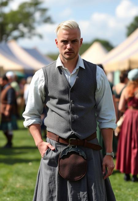 An androgynous man at a renaissance fair wearing a grey canvas kilt, wide-collared shirt, and a grey spotted vest.