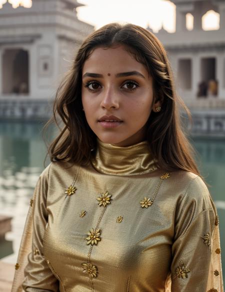 an1ksu photo of (an1ksu) girl, close portrait photo, RAW, nature, Spectacular light, Turtleneck intricate, (Colorful flowering), 8k, soft lighting, high quality, film grain, Olympus OM1 sharp focus, f 3.4, ((detailed eyes)), (seductive pose), upper body, breast, (Golden Temple india)