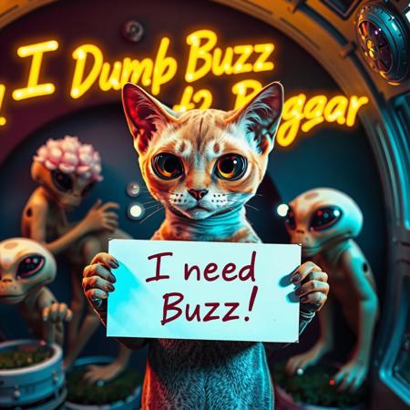 masterpiece, intricate photo, realistic outer space alien cat holding a white sign on which is written "I need Buzz!", background interior of a spcecraft, giant alien flowers at the walls, in the background is written in neon letters "Dumb Buzz Beggar", hyper realistic, highly detailed, sharp focus, crepuscular lights in the background, dawn of technology, dark art, gothic art, cyberpunk style, best quality, high resolution, colorful, vibrant colors, cozy indoor lighting, 8K