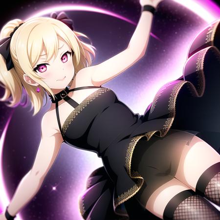 best quality, ultra high res,1girl, solo focus, ((black mini see through dress)), elbow dress, black thighhighs, frills, ribbons, studio background, (platinum blonde hair:1),floating hair,looking at viewer, facing front