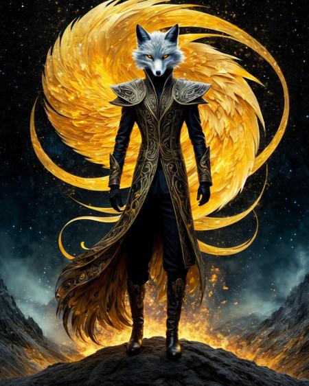 romantic style Digital art,full body shot,  by style IrinaKapi, Scott Bergey, Schim Schimmel, Tim Burton, Trey Ratcliff, Klaus Herrmann, Serge Ramelli, Carne Griffiths, Wayne Barlowe,  yellow-black image a nine-tailed fox man in human form, ART deco, beauty, incredible, nebula,ultra-detailed composition, semantic connections, curls, patterns, fire, floating objects, incredible landscape, unearthly view, starlight, sharp focus, abstraction, magic, emotional, dramatic, nature-focused, extremely detailed, detailed texture,  realism pushed to extreme, fine texture, detailed texture:1.5, incredibly life like, <lora:add-detail-xl:2>