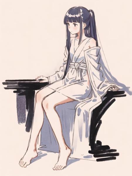 sketch, 1girl, simple background, solo, sitting, robe, drapped, cloth, full body, <lora:sketch_study_resize:1>