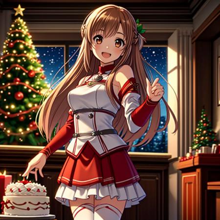 <lora:LCM_LoRA_Weights_SD15:1>,masterpiece,best quality,highly detailed,1girl,solo,smile,light smile,open mouth,
<lora:asuna_(sao)_v1:0.7>,aaasuna,long hair,brown hair,braid,brown eyes,bare shoulders,armor,breastplate,white sleeves,detached sleeves,red skirt,pleated skirt,white thighhighs,
BREAK
<lora:happyChristmas:0.4>,celebrateCake,christmas,christmas lights,christmas ornaments,christmas tree,merry christmas,solo focus,(((celebrateCake, standing next to a christmas cake))),