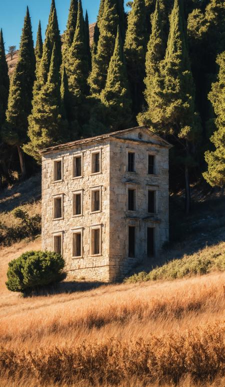 Abandoned stone building next to cypress trees on hillside road, breathtaking photograph, dramatic light, award-winning, professional, film, cinmatic look, film grain, minimalistic, <lora:add-detail-xl:1>, <lora:SDXLHighDetail:0.3>