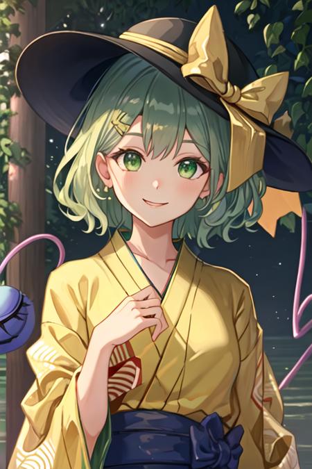 best quality, masterpiece, highres, solo, {yukata:1.40}, {kimono:1.20}, {komeiji_koishi_touhou:1.15}, third_eye, hat, green_eyes, black_headwear, short_hair, green_hair, ribbon, smile, bow, upper_body, heart, bangs, hat_ribbon, hat_bow, hair_between_eyes